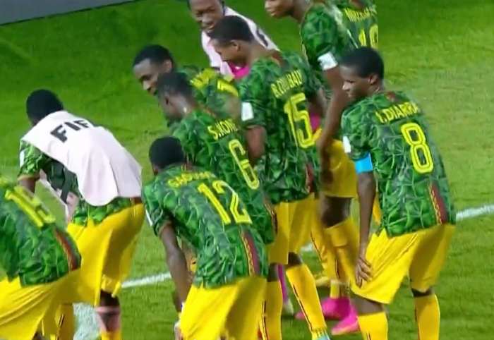 Mali players pictured dancing after scoring a goal in a 3-0 win over Argentina at the U17 World Cup in December 2023
